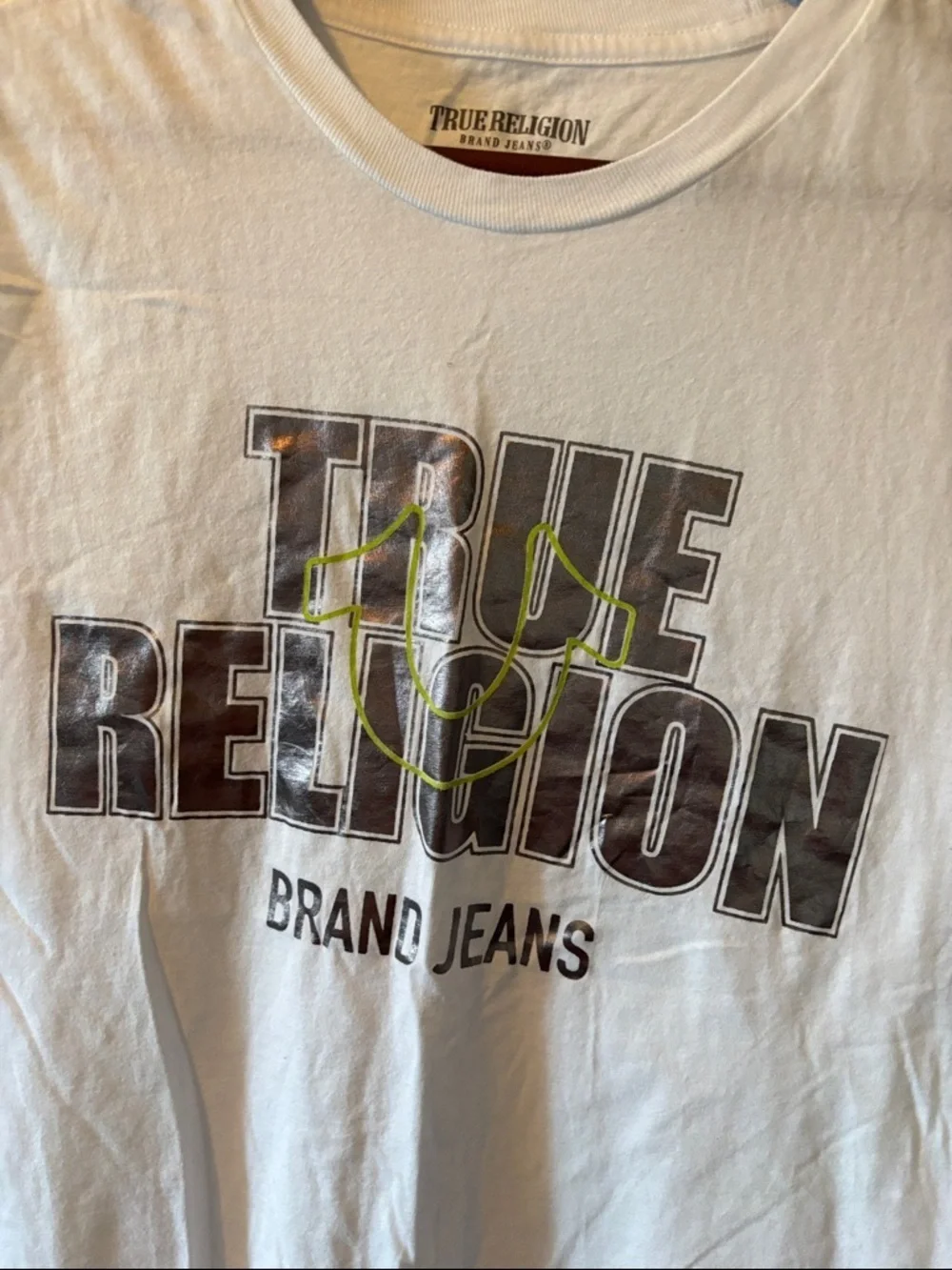 True Religion White metallic Short-Sleeve Logo Tee with Yellow Accent size small